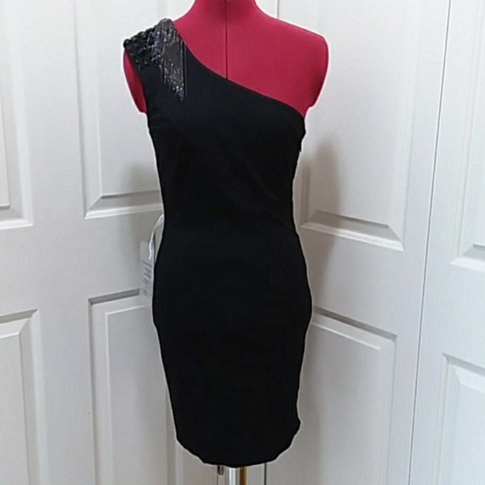 NEW โฆ Bebe โฆ black sheath cocktail Dress one shoulder embellished beads